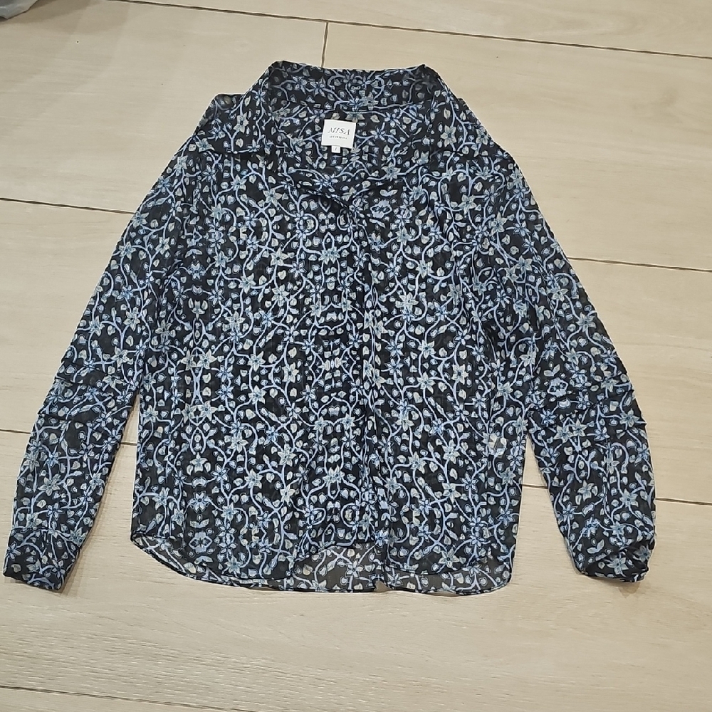 Misa Los Angeles Sheer Black and Blue Patterned Blouse
